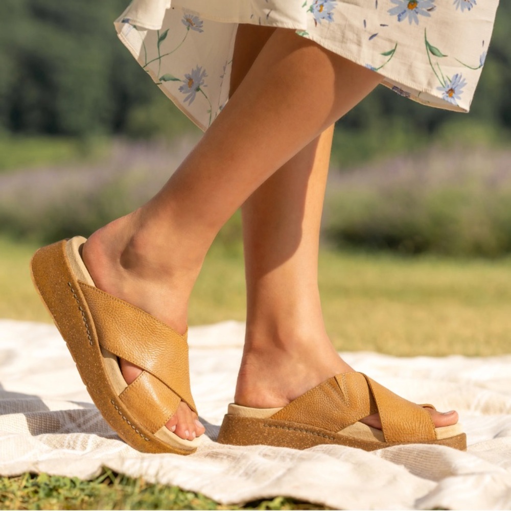 Dansko Bridget Sandal Slide - Wedge Platform Leather Cross Strap Cork Brown Tan